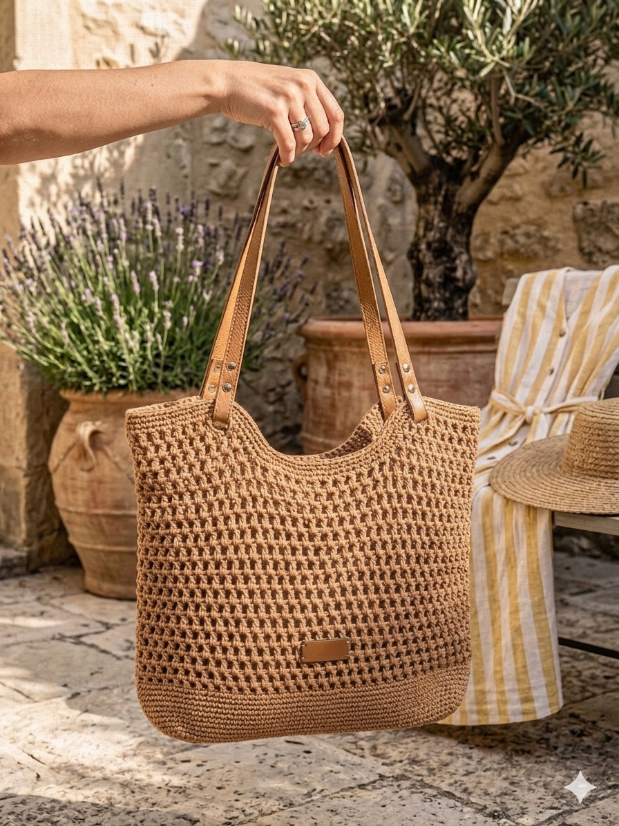 Sac Tote Bohème Crochet — Beige & Camel