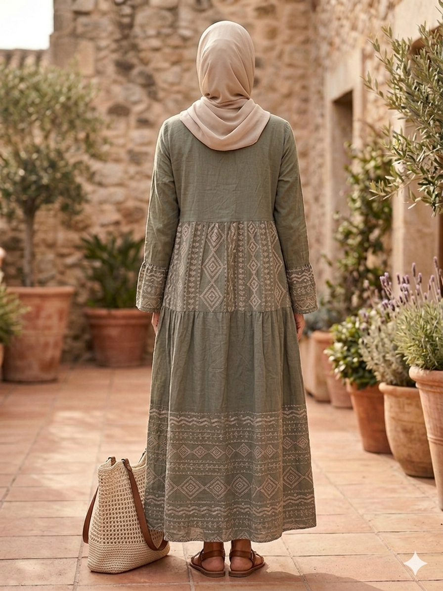 Robe Longue Brodée Kaki — Style Bohème Oriental