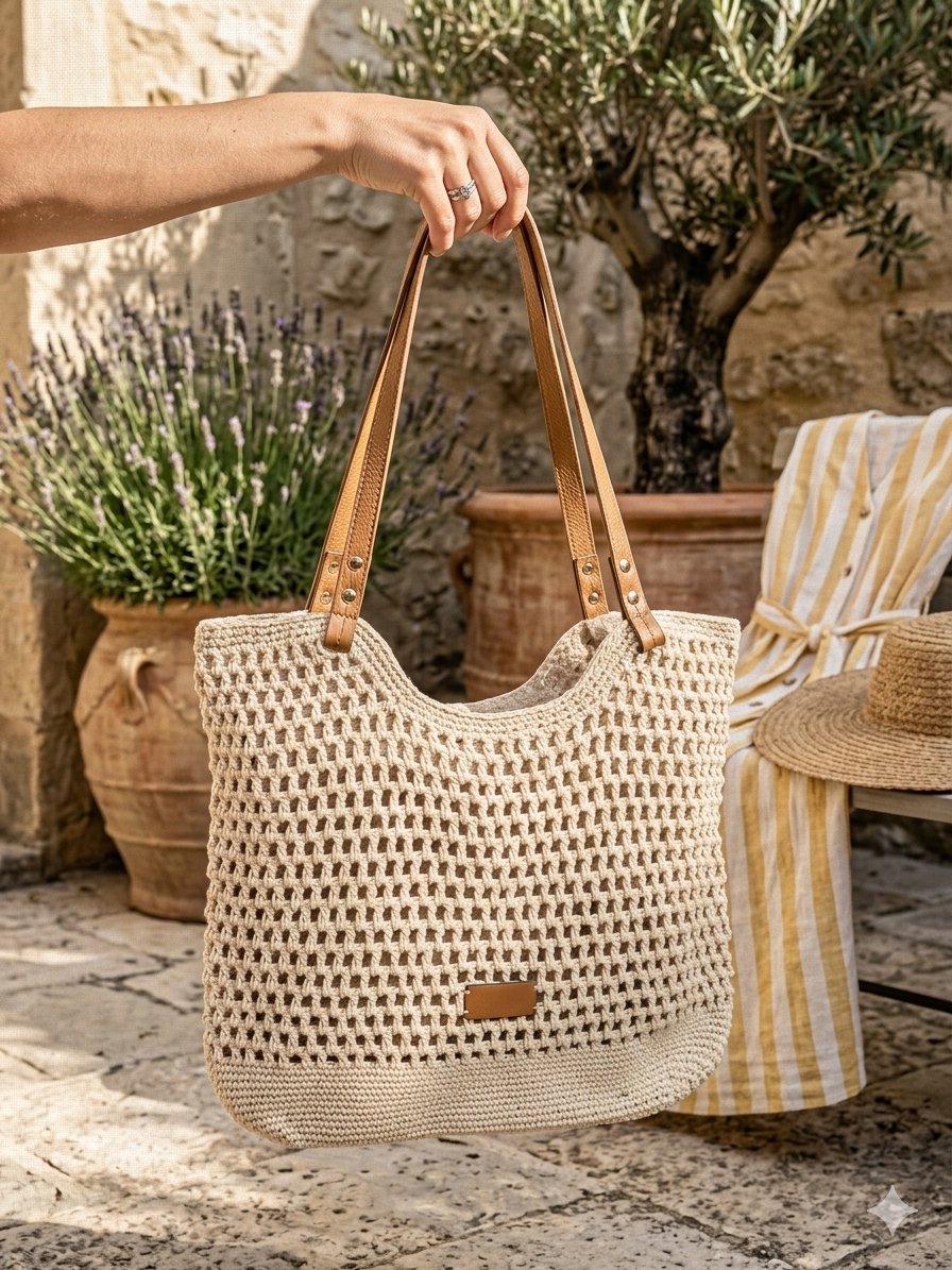 Sac Tote Bohème Crochet — Beige & Camel